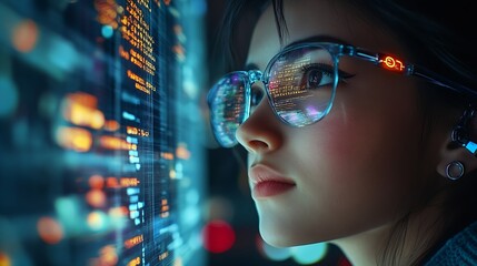 Software coding hologram and woman on tablet thinking of data analytics digital technology and night overlay Programmer or IT person in glasses on 3d screen programming and cybersecuri : Generative AI