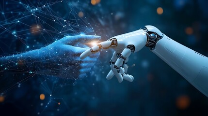 Aufkleber - AI Machine learning Hands of robot and human touching on big data network connection background Science and artificial intelligence technology innovation and futuristic : Generative AI