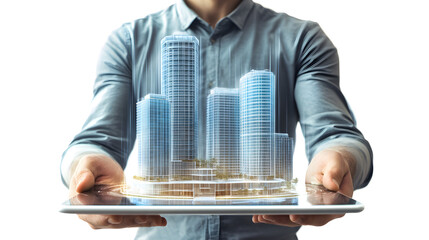 Digital tablet used by a man with a hologram of a modern building. Real estate business and building technology concept