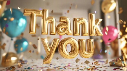 Wall Mural - 3D Thank you in shiny gold letters with confetti and party elements in the background