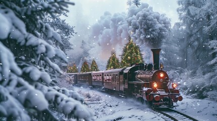 Vintage train carrying Christmas trees through snowy forest