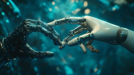 Aufkleber - AI Machine learning Hands of robot and human touching on big data network connection Data exchange deep learning Science and artificial intelligence technology innovation of futuristic : Generative AI
