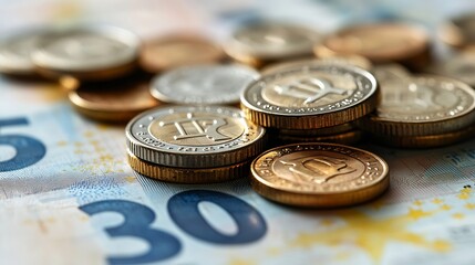 Poster - Pile of euro coins on euro notes : Generative AI