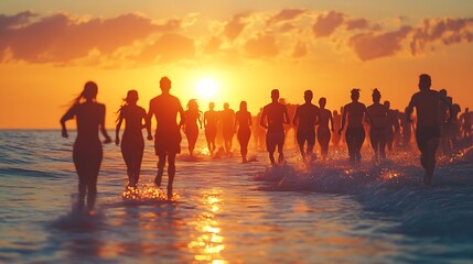 Crowd of people or friends runs to sunset sea Beach holidays travel concept : Generative AI