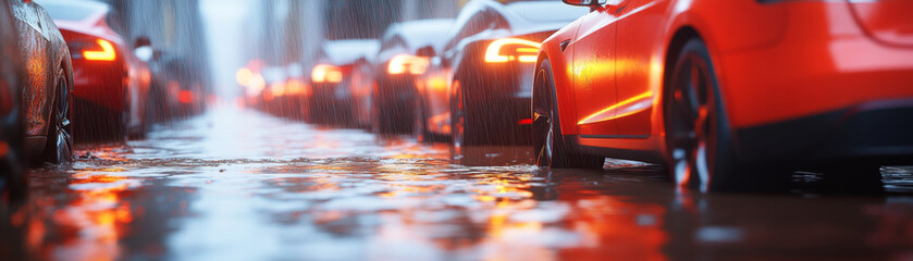 Futuristic city street filled with electric cars in rain, creating vibrant atmosphere