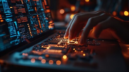 Digital technology software development concept Coding programmer software engineer working on laptop with circuit board and javascript on virtual screen internet of things IoT : Generative AI