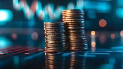 Poster - Money coin stack on office desk with graph and up arrow with blue filter Business and finance concept : Generative AI