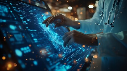Fototapete - Doctor diagnose digital patient record on virtual medical network on Computing electronic medical record Digital healthcare and network connection interface Global health care Medical  : Generative AI