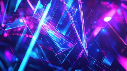 Wall Mural - A high-tech abstract pattern of overlapping glowing triangles, lines, and shapes, in a vibrant neon blue and purple palette, evoking a sense of futuristic design