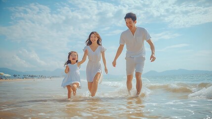 Happy asian family at consisting father motherson and daughter having fun playing beach in summer vacation on the beachHappy family and vacations concept : Generative AI