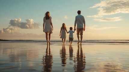 Wall Mural - Lets go splish and splash Rearview shot of a happy family walking towards the sea : Generative AI