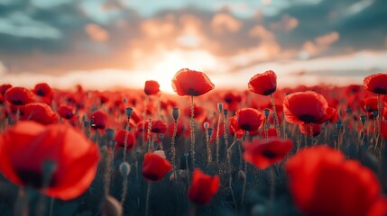 Poster - Landscape of a wonderful Red poppies flower field Nature concept : Generative AI