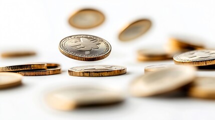 Poster - Falling euro coins on white background : Generative AI