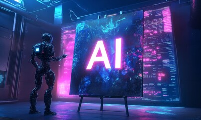 Canvas Print - Robot points to AI sign in futuristic setting.