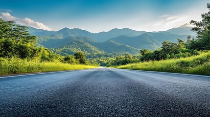 Wall Mural - Asphalt highway road and green forest with mountain natural landscape under blue sky : Generative AI