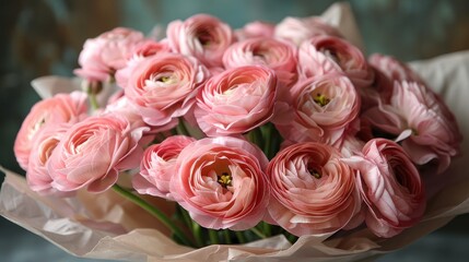 Delicate pink ranunculus blooms arranged elegantly in a rustic setting, capturing nature’s beauty in springtime. Generative AI