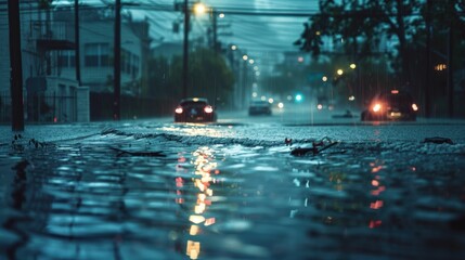 Rainy Night Cityscape:  A car drives through a city street glistening with rain, streetlights reflecting in the puddles. The urban landscape is shrouded in a moody, atmospheric glow.