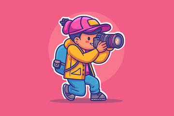 Cute cartoon vector icon of a photographer with a camera taking a snapshot. Full image in flat cartoon style.