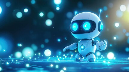 3D technological illustration of a cute cartoon robot on a data panel background