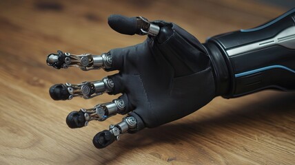 Advanced Prosthetic Hand Showcased on a Wooden Surface During a Technology Exhibition