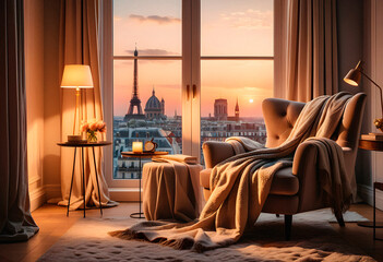 Wall Mural - A hotel room in eco style with wonderful city view. AI generated.