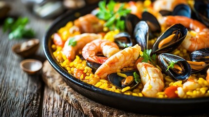 Wall Mural - Close-up of a delicious seafood paella with shrimp, mussels, and clams, served in a traditional paella pan on a wooden table.