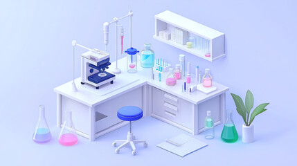 3D cartoon illustration of a futuristic chemistry laboratory isolated on a light purple background