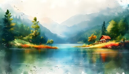 Abstract digital watercolor landscape featuring lakes, flowers, and forests for graphic design, poster, web page, or PPT background