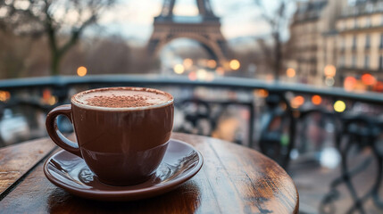 A cup of hot chocolate with blurred Paris in the background