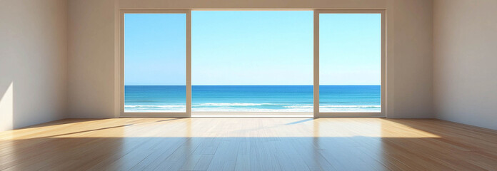 Wall Mural - An empty living room with a wooden floor and large window with a light blue ocean view