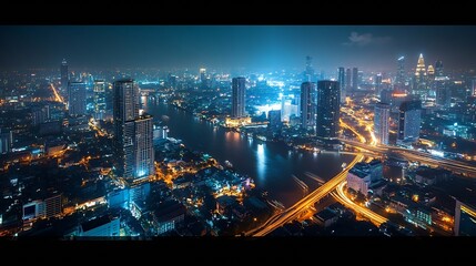 Fototapete - Smart network and Connection technology concept with Bangkok city background at night in Thailand Panorama view : Generative AI