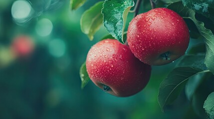 Red apples hanging on the branch of an apple tree. An orchard with ripe fruit. Illustration for cover, card, postcard, interior design, banner, poster, brochure or presentation.