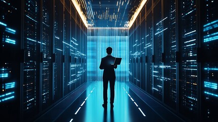 Fototapete - Futuristic Concept Data Center Chief Technology Officer Holding Laptop Standing In Warehouse Information Digitalization Lines Streaming Through Servers SAAS Cloud Storage Online Servic : Generative AI