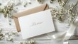 © The Little Hut - Feminine wedding stationery desktop mockup scene Blank greeting card craft envelope babys breath flowers silk ribbon and lentisk branches Old white wooden table background Flat lay top : Generative AI