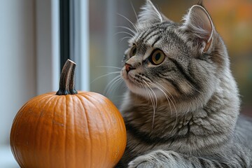 Curious tabby cat sitting by a window with a small pumpkin