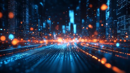 Fototapete - Smart city and abstract polygon pattern connection with speed line light big data connection technology concept : Generative AI
