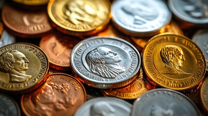 Pile of Golden coin silver coin copper coin quarters nickels dimes pennies fifty cent piece and dollar coins Various USA coins American coins for business money financial coins and eco : Generative AI