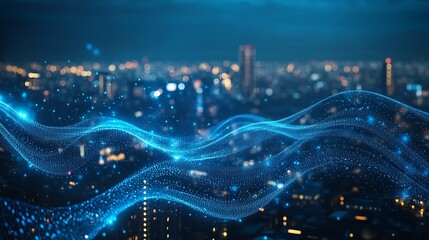 Aufkleber - Smart city and big data connection technology concept with digital blue wavy wires with antennas on night megapolis city skyline background double exposure : Generative AI