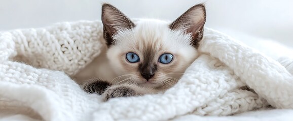 Wall Mural - Cute kitten with blue eyes peeking out from under a white blanket.