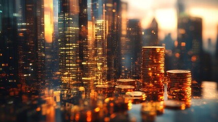 Poster - Double exposure of city graph and rows of coins for finance and business concept : Generative AI