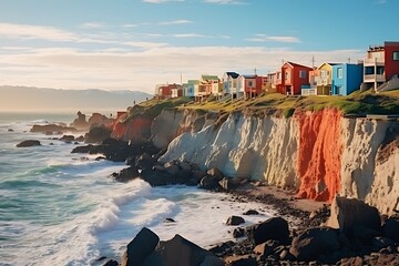 Coastal view with colorful houses on cliffs beside the ocean.