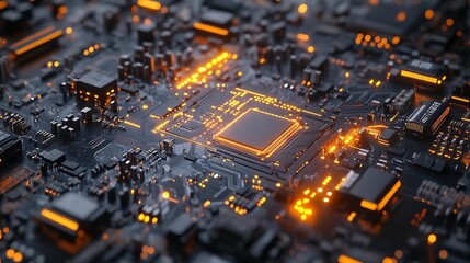 Fototapete - Advanced Technology Concept Visualization Circuit Board CPU Processor Microchip Starting Artificial Intelligence Digitalization of Neural Networking and Cloud Computing Digital Lines M : Generative AI