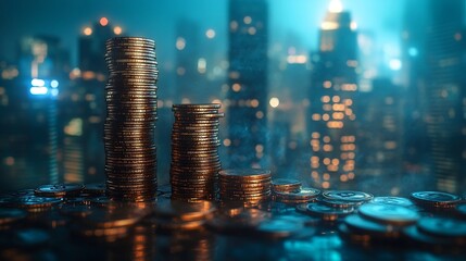Aufkleber - Double exposure of coins stack with graph chart and night cityscape Economic business financial and stock market growth concept : Generative AI
