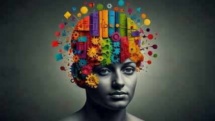 Colorful collage with books, cogs and human head. Brain, intelligence illustration, learning and education thoughts.