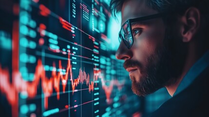 Wall Mural - A man analyzing stock market trends on a digital display with real-time data in a modern office setting during the evening