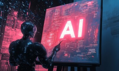 A robot paints AI code on a canvas.