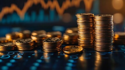 Aufkleber - Financial stock market graph and rows of coins growth abstract and symbol for finance concept business investment and currency exchange on blue background : Generative AI