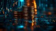 © The Little Hut - Double exposure image of coin stacks on technology financial graph backgroundEconomy trends background for business financial meltdown Cryptocurrency digital economy : Generative AI