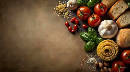 Italian food ingredients background with copy space: tomatoes, vegetables, spaghetti, garlic...