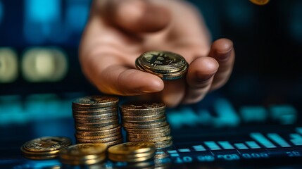 Aufkleber - investment and finance concept businessman holding virtual trading graph and blurred coins on hand stock market profits and business growth : Generative AI